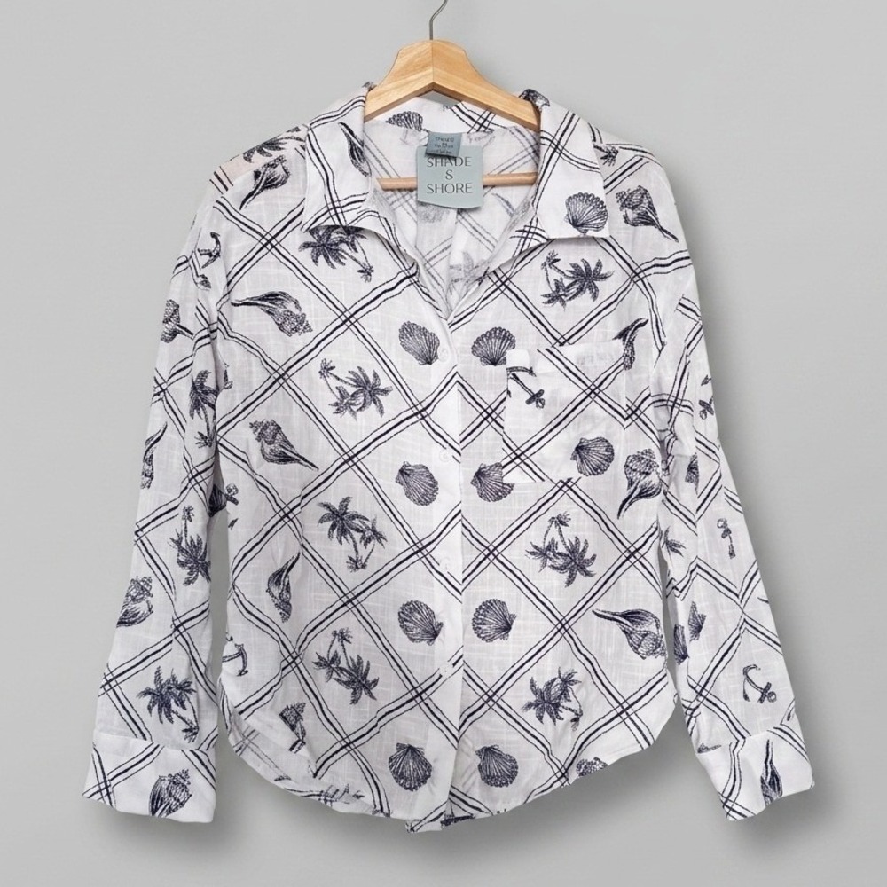 Shade & Shore NWT Nautical Shell Anchor Print Button Down Cover Up Shirt XS